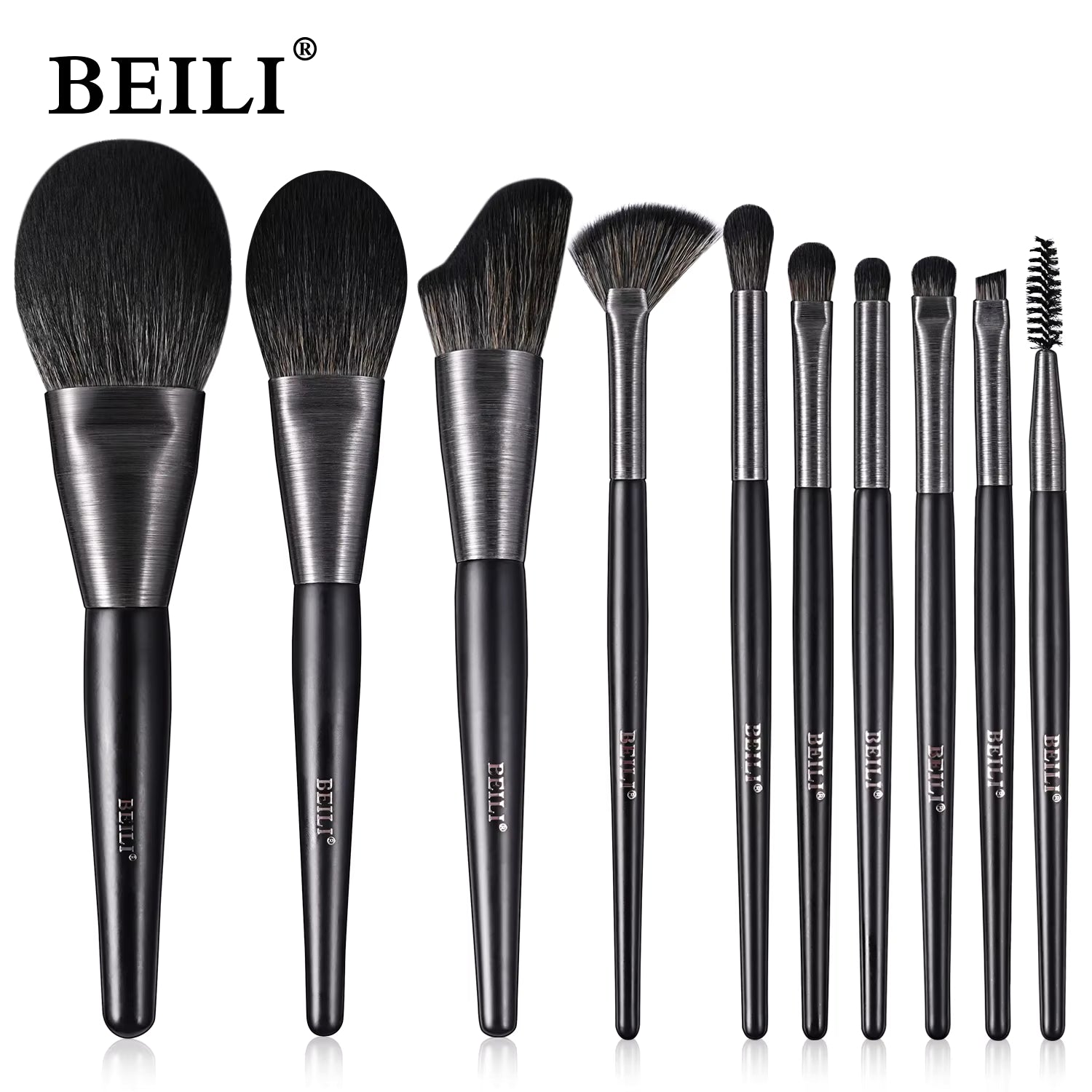 Beili Christmas Gift Makeup Brush Set Of 10, Kabuki Brushes With Synthetic Hair For Foundation, Concealer, And Eyeshadow.