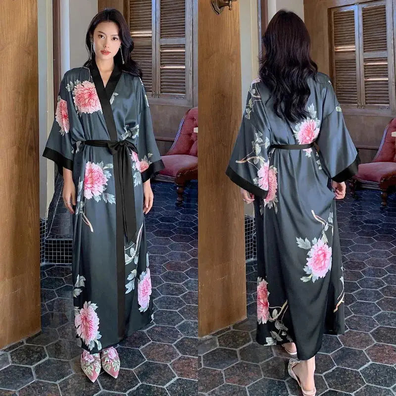 Black Print Flower Long Robe Nightgown Spring Summer Half