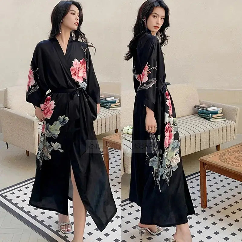 Black Print Flower Long Robe Nightgown Spring Summer Half