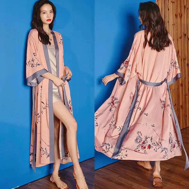 Black Print Flower Long Robe Nightgown Spring Summer Half