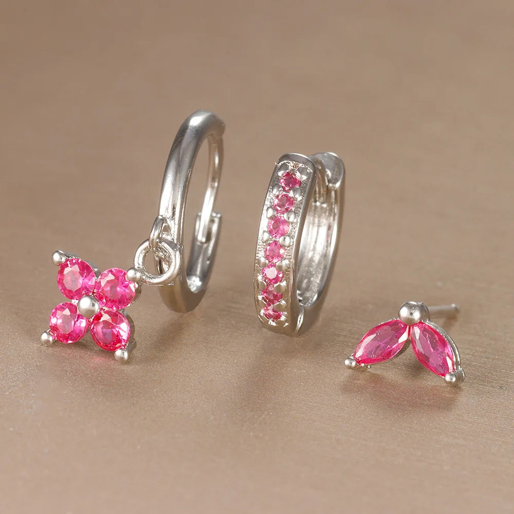 3PCS Trendy Stainless Steel Flower Drop Earring Set For Women