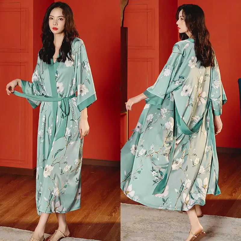 Black Print Flower Long Robe Nightgown Spring Summer Half