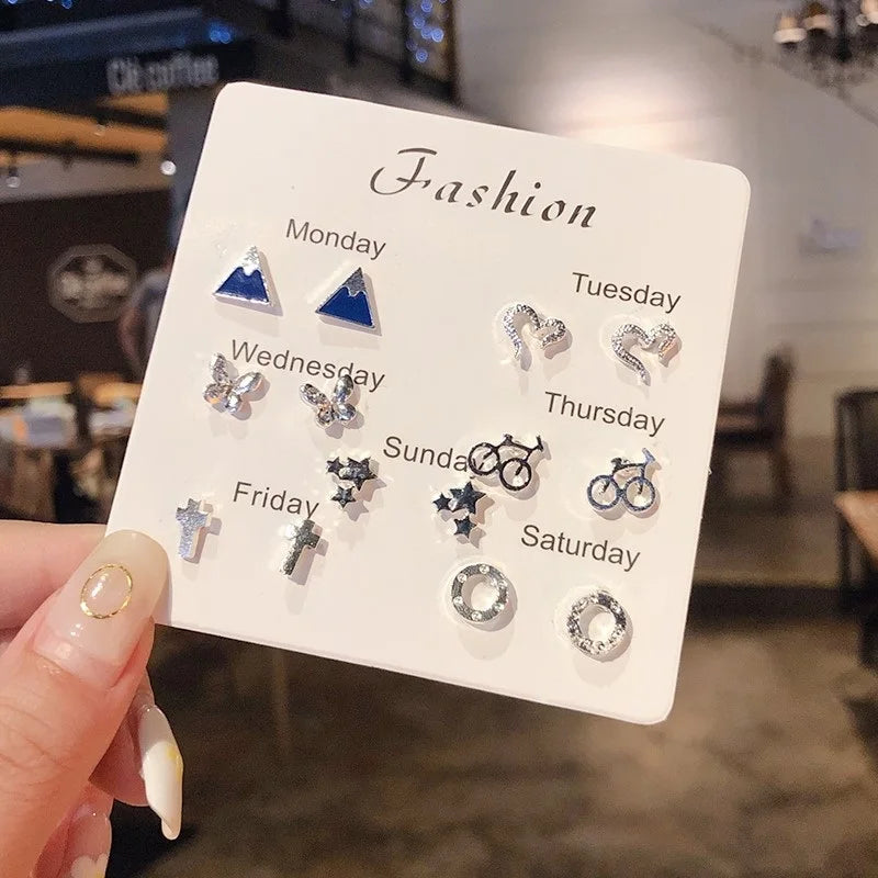 New S925 Silver Needle Stud Earrings Set for Women Girls