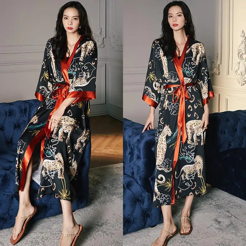 Black Print Flower Long Robe Nightgown Spring Summer Half