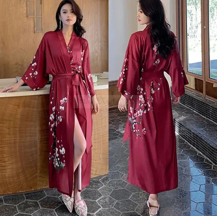 Black Print Flower Long Robe Nightgown Spring Summer Half