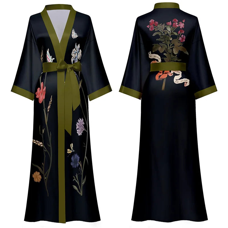Black Print Flower Long Robe Nightgown Spring Summer Half