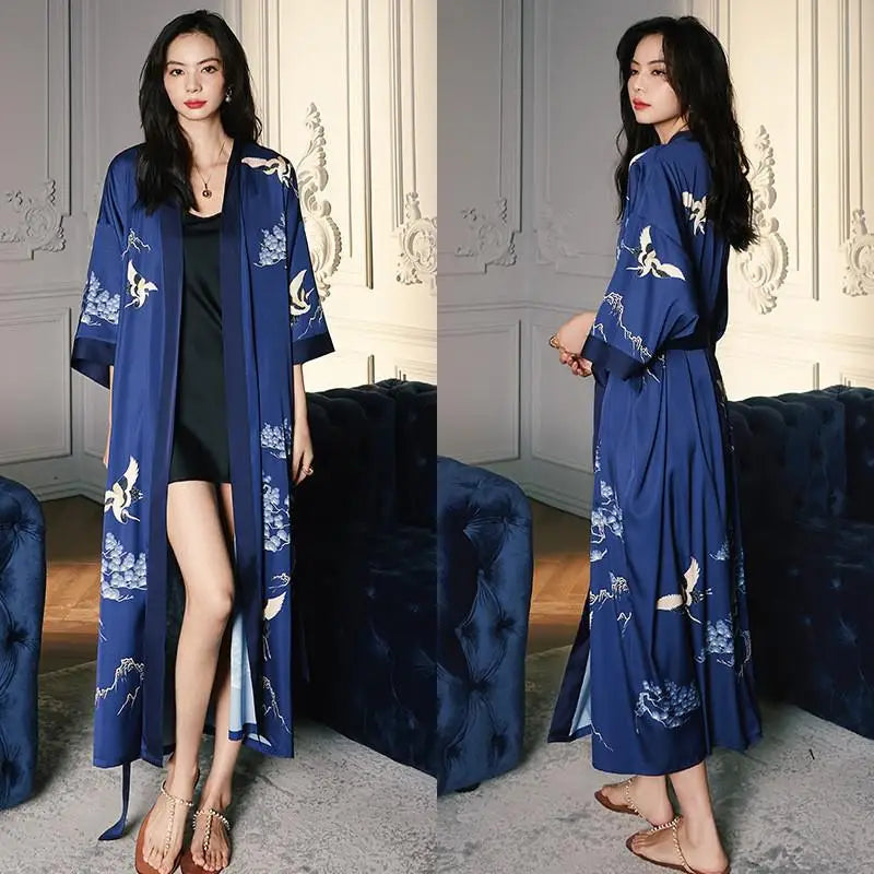 Black Print Flower Long Robe Nightgown Spring Summer Half