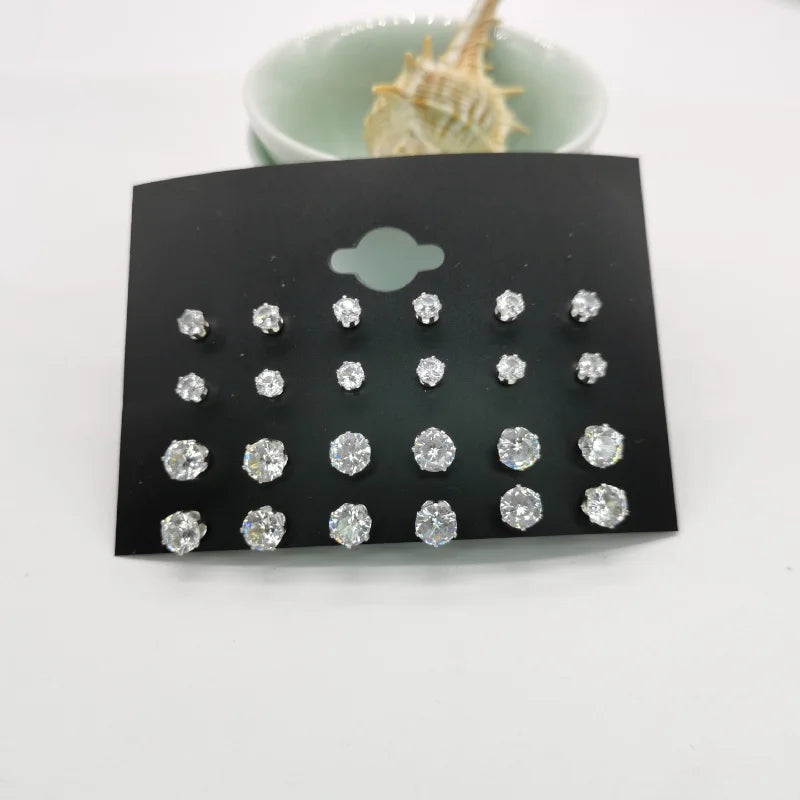 24pcs Cubic Zirconia Stud Earrings (12 Pairs)