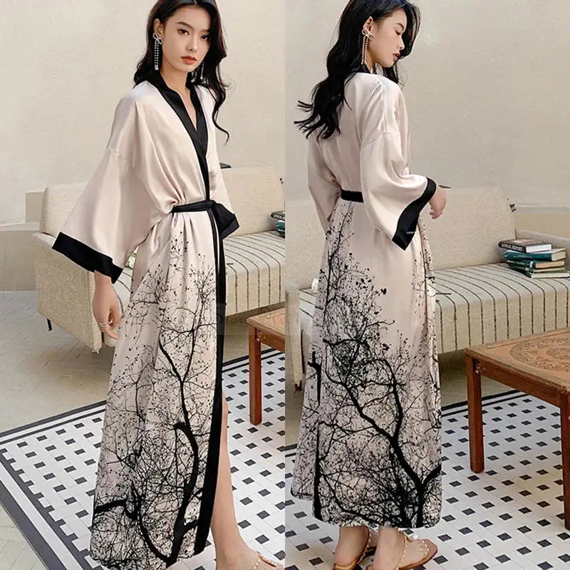 Black Print Flower Long Robe Nightgown Spring Summer Half