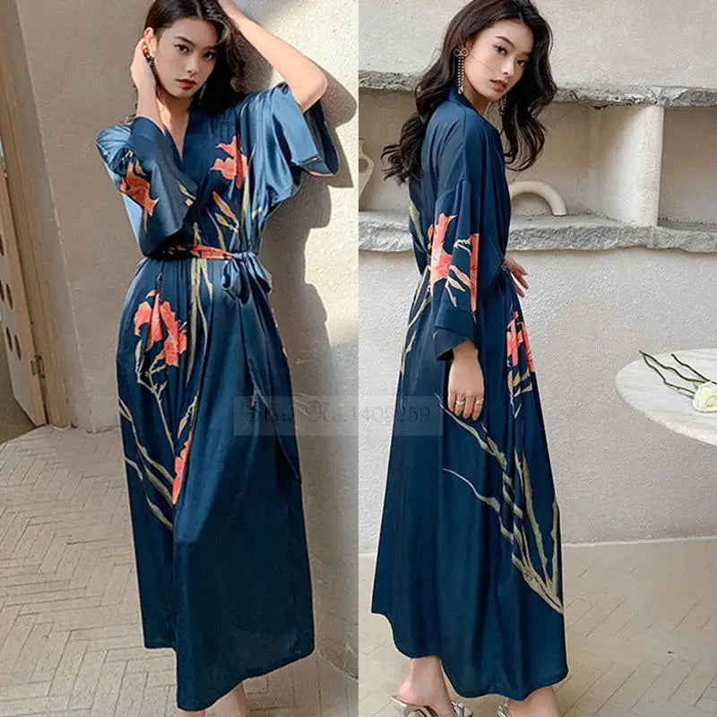 Black Print Flower Long Robe Nightgown Spring Summer Half