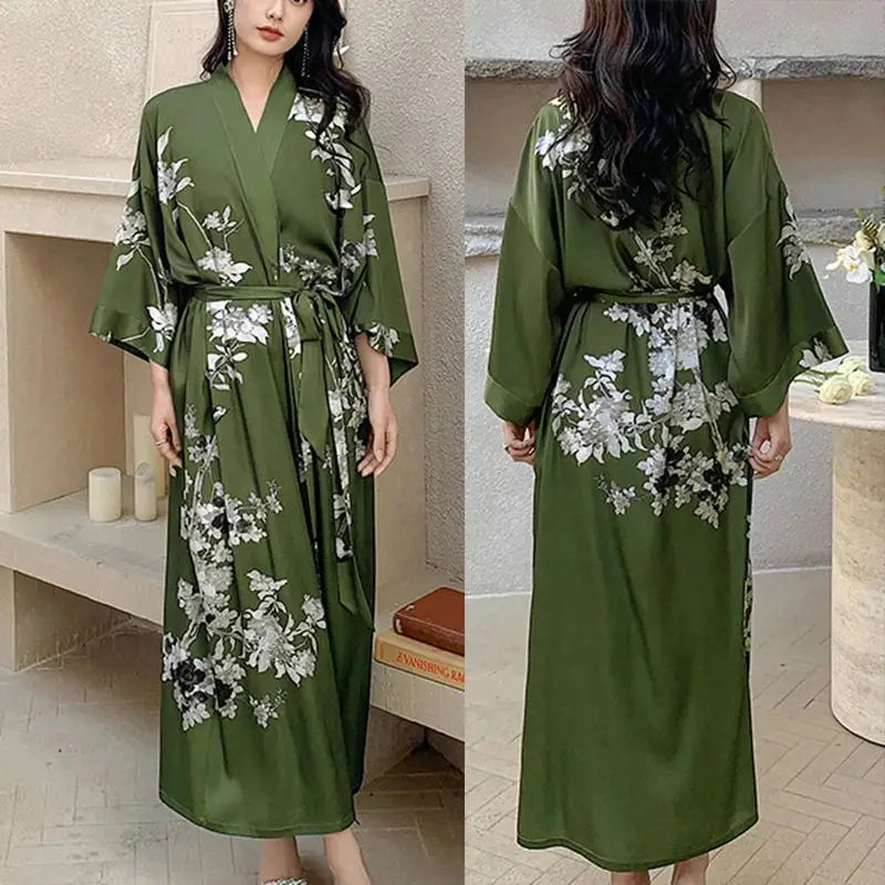 Black Print Flower Long Robe Nightgown Spring Summer Half