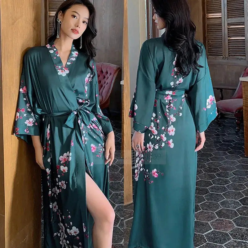 Black Print Flower Long Robe Nightgown Spring Summer Half
