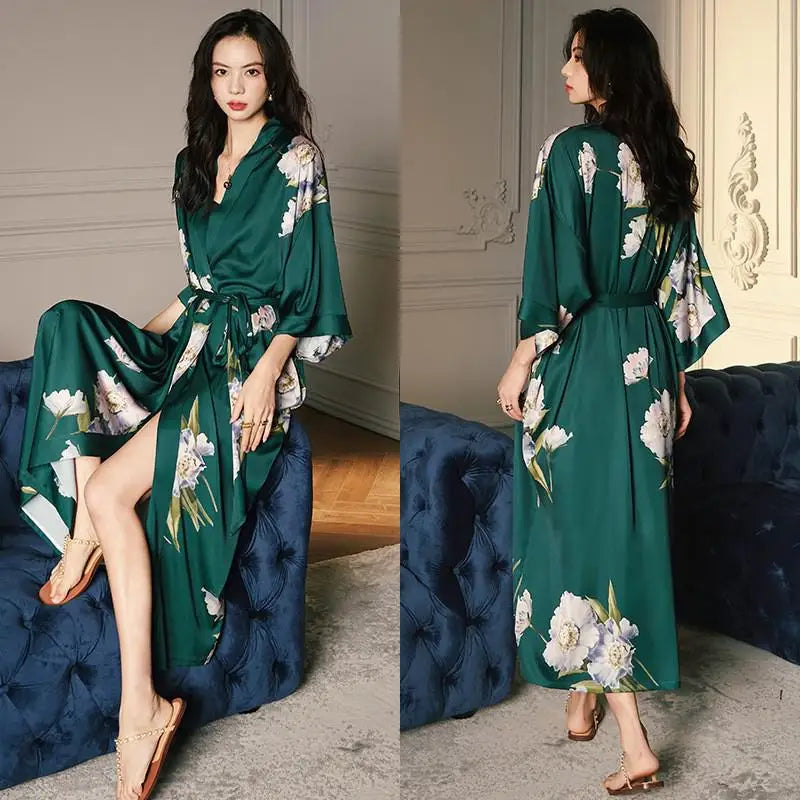 Black Print Flower Long Robe Nightgown Spring Summer Half