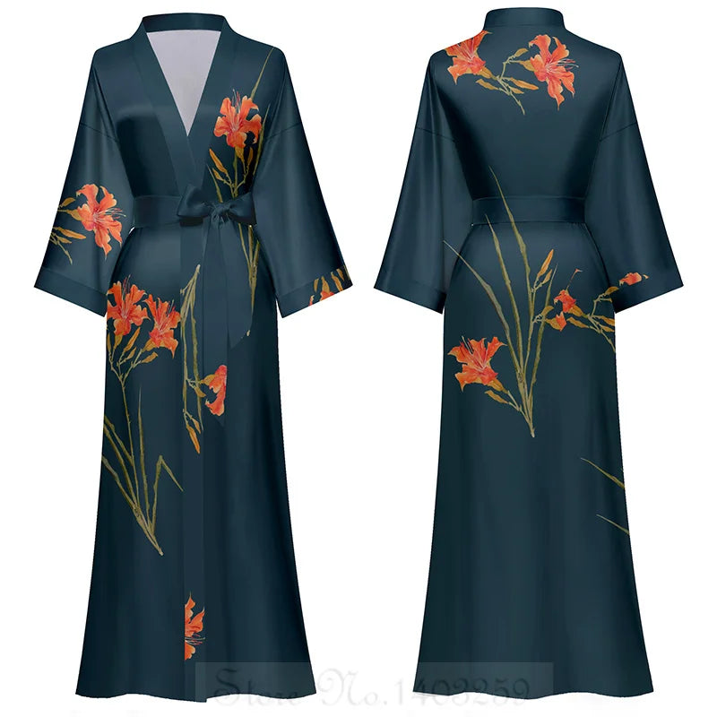 Black Print Flower Long Robe Nightgown Spring Summer Half
