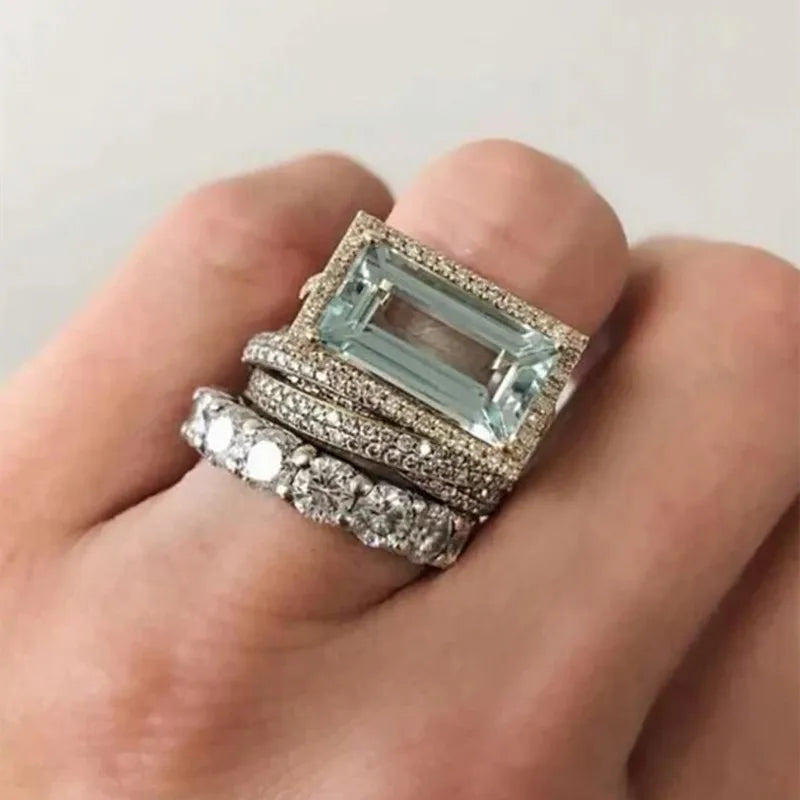 Three Piece Set Blue Square Zircon Rings