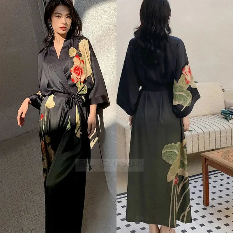 Black Print Flower Long Robe Nightgown Spring Summer Half
