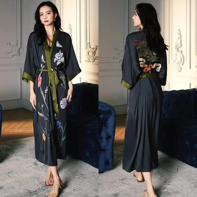 Black Print Flower Long Robe Nightgown Spring Summer Half