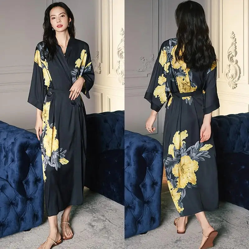 Black Print Flower Long Robe Nightgown Spring Summer Half