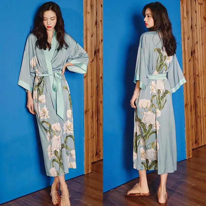 Black Print Flower Long Robe Nightgown Spring Summer Half
