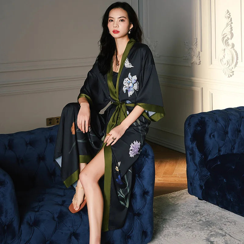 Black Print Flower Long Robe Nightgown Spring Summer Half