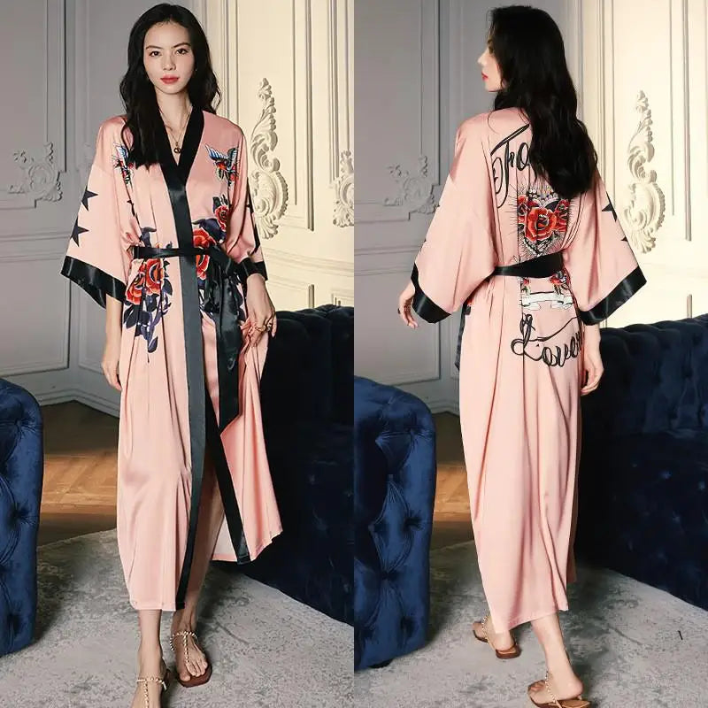 Black Print Flower Long Robe Nightgown Spring Summer Half