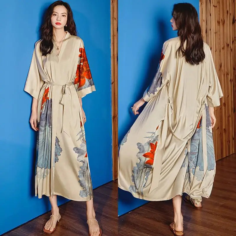 Black Print Flower Long Robe Nightgown Spring Summer Half