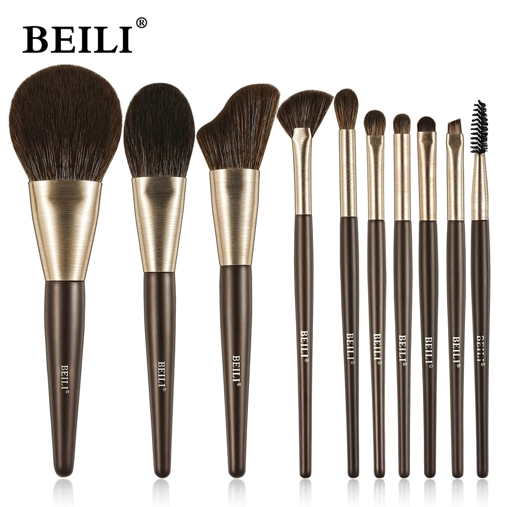 Beili Christmas Gift Makeup Brush Set Of 10, Kabuki Brushes With Synthetic Hair For Foundation, Concealer, And Eyeshadow.